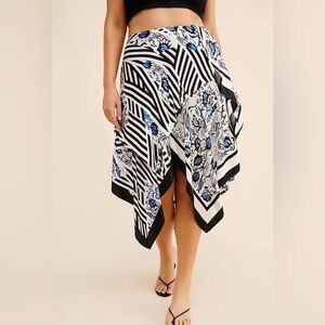 Maeve Asymmetrical Skirt with Black and Blue Floral Stripes